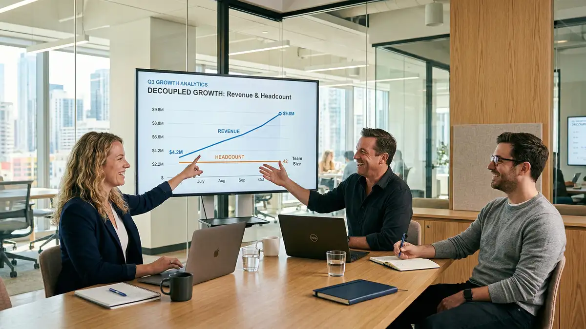 Small professional team reviewing growth analytics showing revenue climbing steeply while headcount remains flat