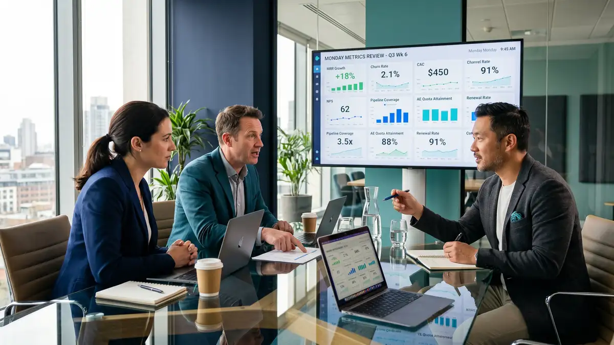 SaaS CEO leading a Monday metrics review with CFO and Head of Sales
