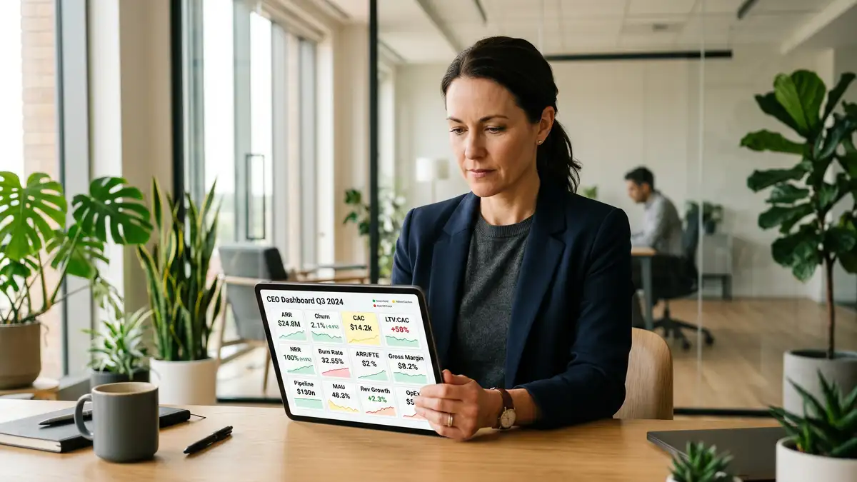 SaaS CFO reviewing the single-page CEO dashboard on a tablet