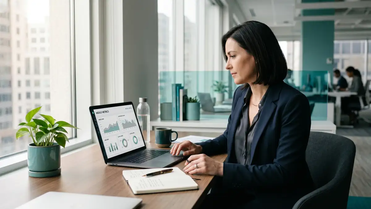 B2B SaaS CEO reviewing weekly metrics on a laptop on a Monday morning