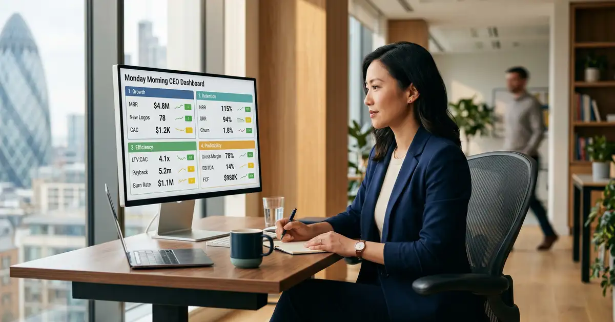 B2B SaaS CEO at a Monday morning reviewing the 12-metric dashboard organized in 4 quadrants