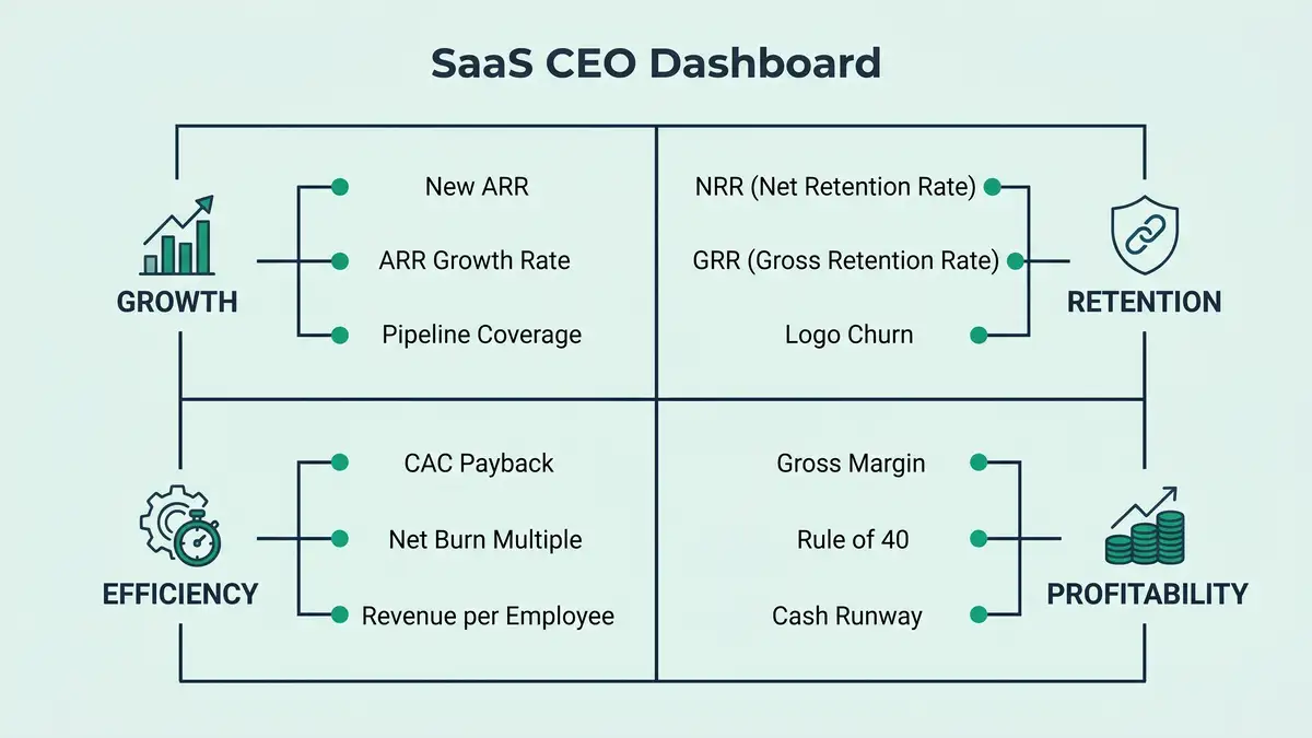 The SaaS CEO Dashboard with 12 metrics in 4 quadrants infographic