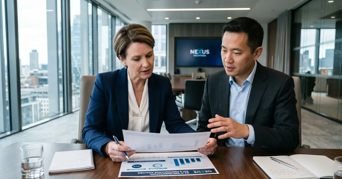 CFO and AI leader reviewing ROI methodology and AI performance metrics on boardroom table in focused strategic session