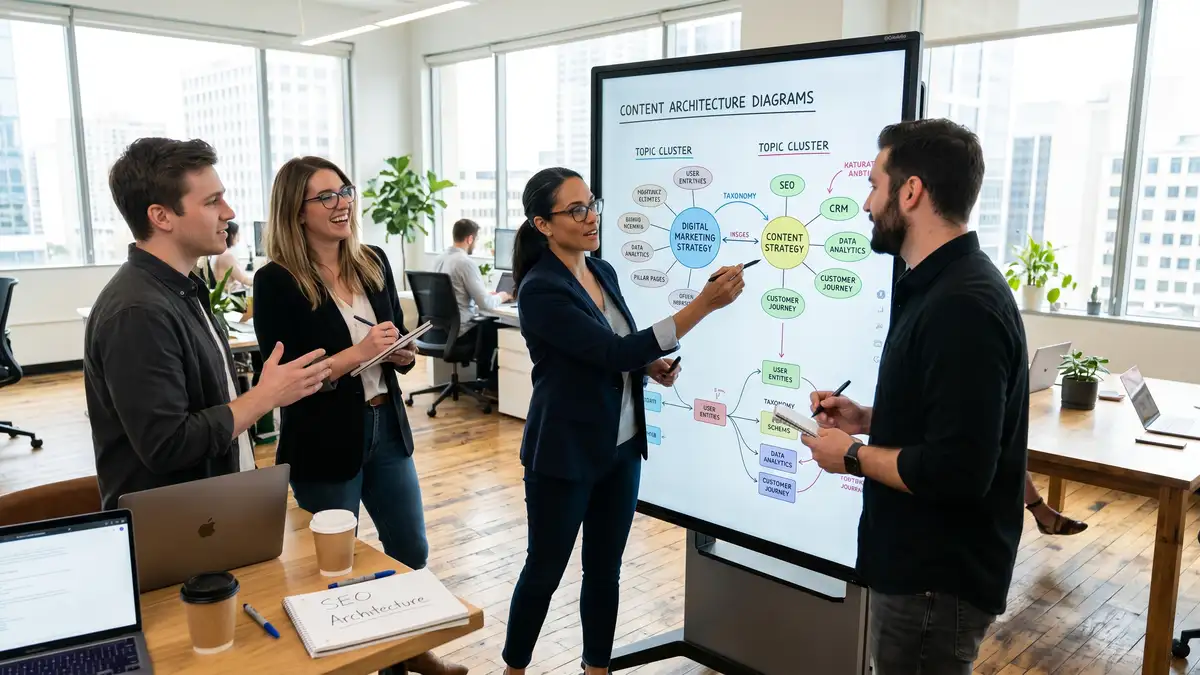 Marketing team collaborating on content architecture diagrams with topic clusters and entity maps for AI content optimization strategy