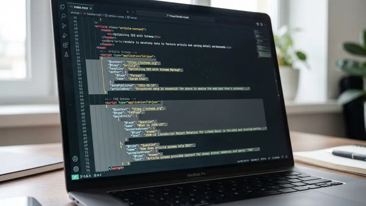 Structured HTML code and JSON-LD schema markup on a code editor screen showing FAQ and Article schema for ChatGPT citation optimization