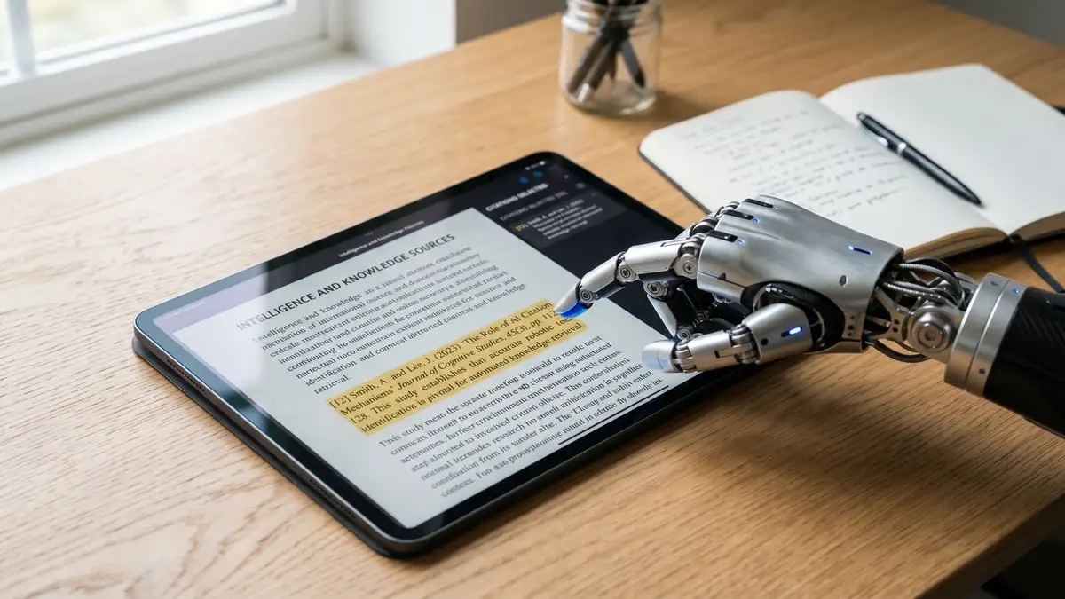 B2B marketing professional reviewing AI citation metrics on dashboard with structured content examples highlighted