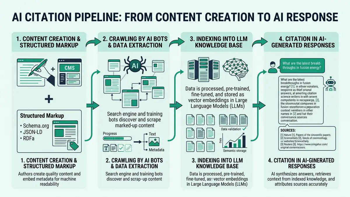 Four-phase AEO roadmap infographic showing audit baseline, content optimization with schema markup, technical infrastructure improvements, and monitoring metrics with citation lift trajectory