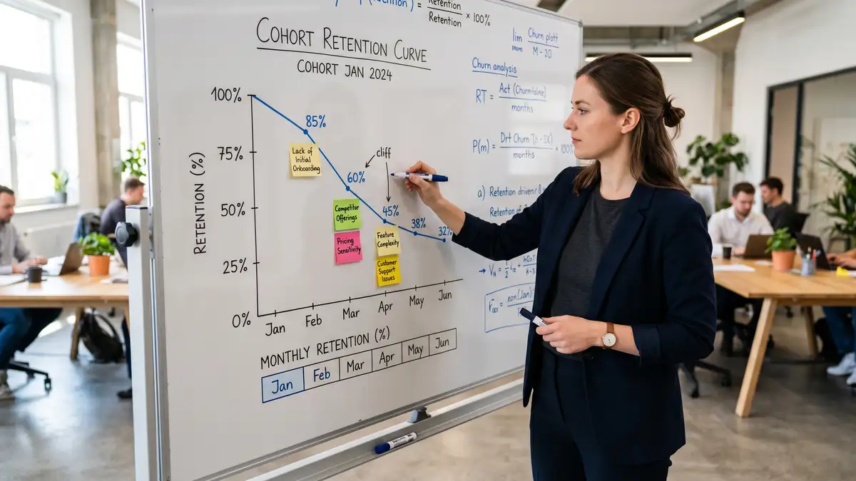 Retention analyst at whiteboard sketching cohort retention curve with drop-off cliffs