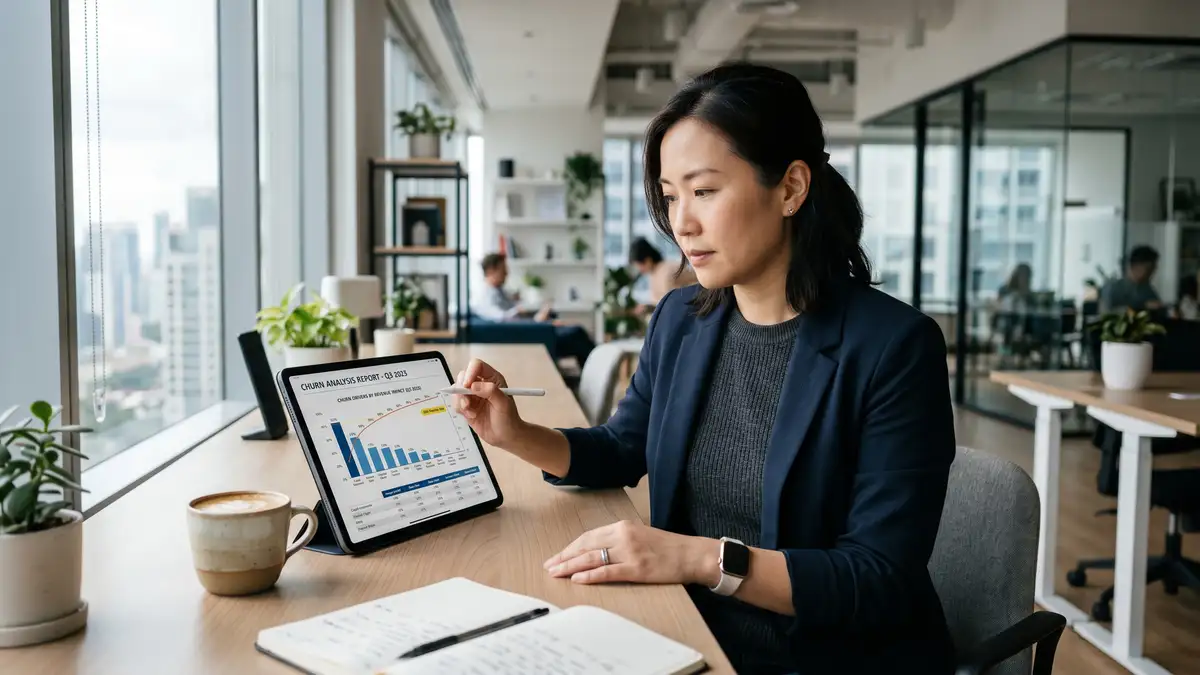 SaaS founder reviewing churn analysis pareto chart on tablet