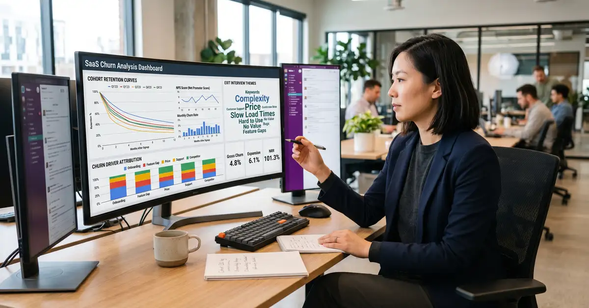 SaaS retention analyst studying churn analysis dashboard with cohort retention curves
