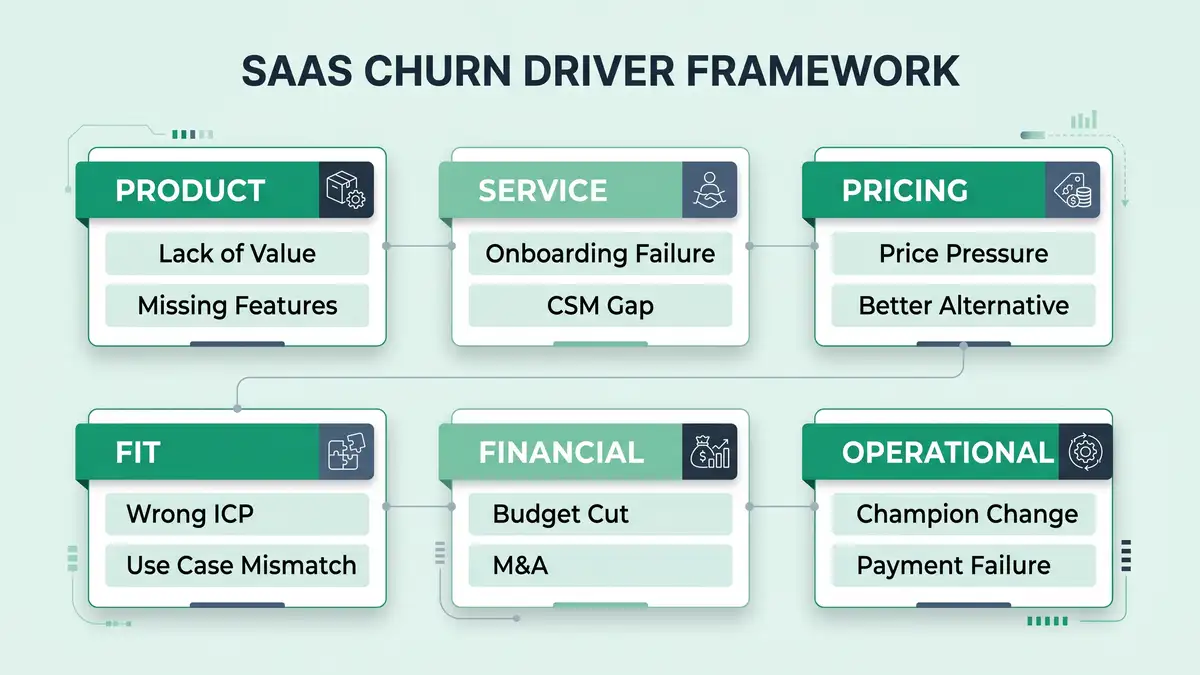 Six-category SaaS churn driver framework infographic