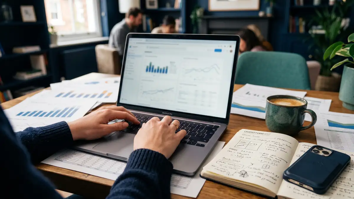 Close-up of hands on a laptop at a desk covered with analytics charts
