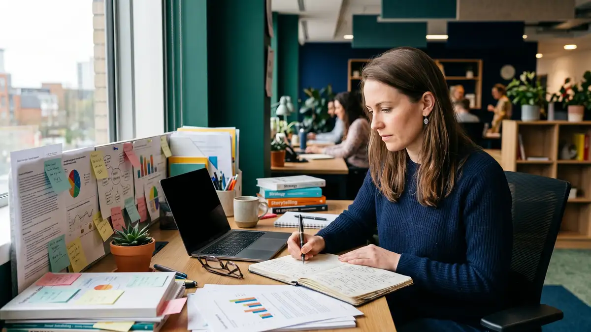 A content strategist planning answer-first content at a sunlit desk