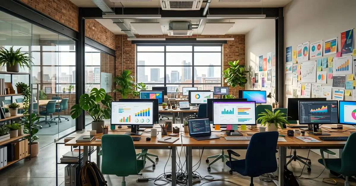 A busy modern marketing office with charts and monitors, representing how AI answer engines decide what to cite
