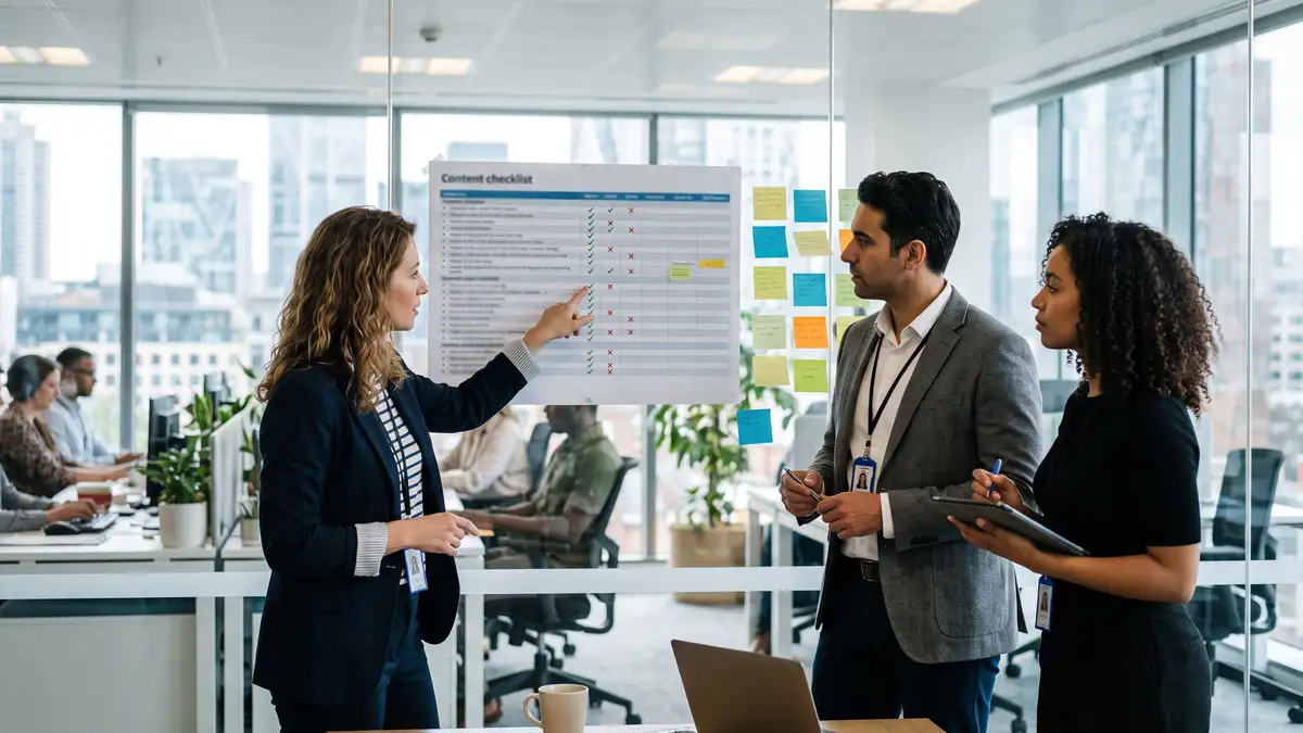 Three B2B marketing professionals reviewing a printed content quality checklist pinned to a glass office wall