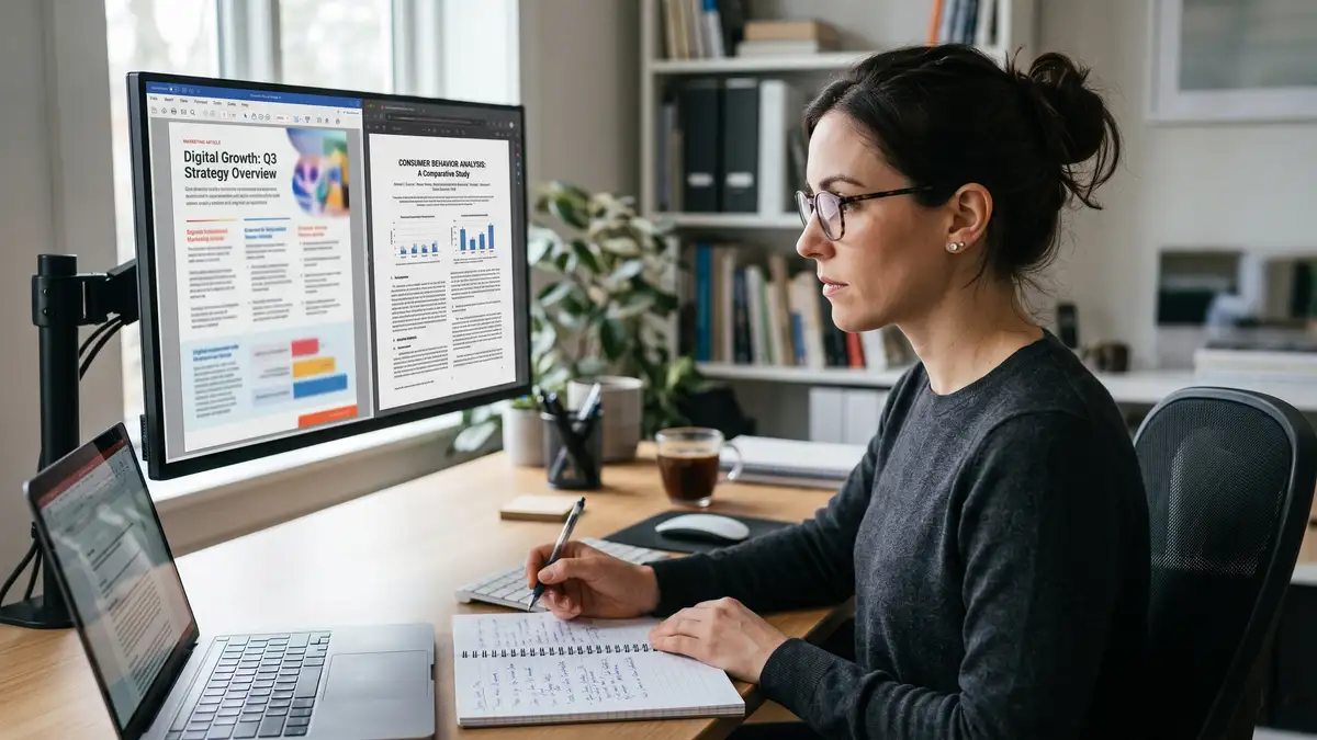 A reviewer comparing a marketing article against the original research PDF on two screens to verify a cited statistic