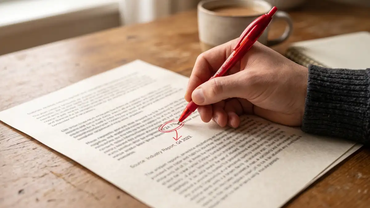 A hand with a red pen circling a statistic on a printed page and drawing an arrow to the source line beneath it