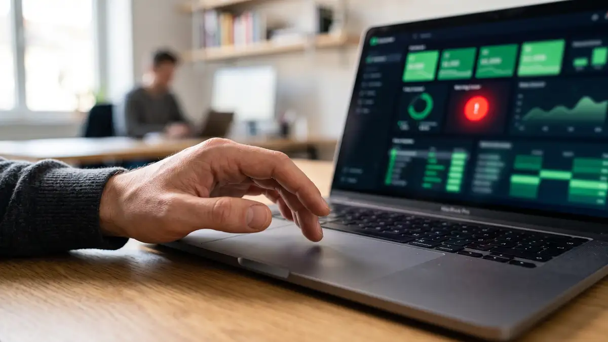 A hand pausing over a laptop trackpad before publishing, with a single red warning indicator visible among green status blocks