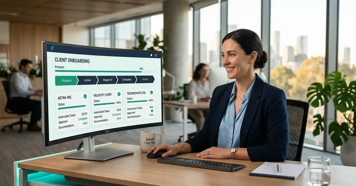 Operations manager reviewing automated client onboarding dashboard on curved monitor in modern office