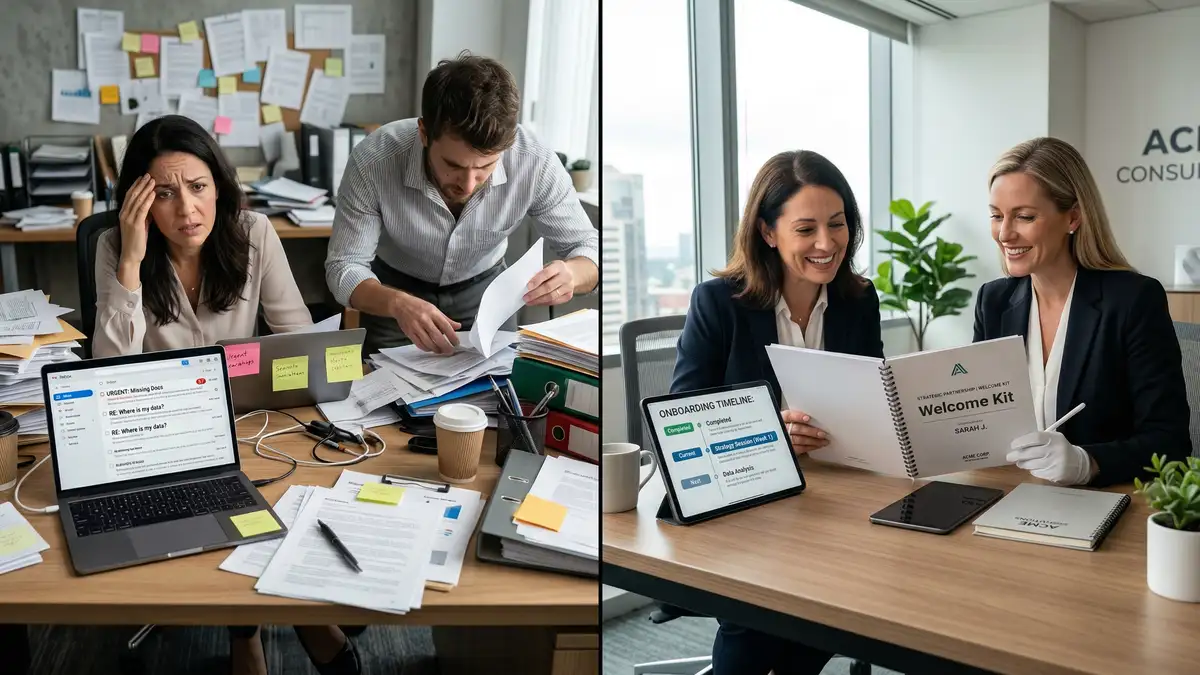 Split comparison of chaotic disorganized client onboarding with scattered papers versus streamlined white-glove system with organized welcome kit