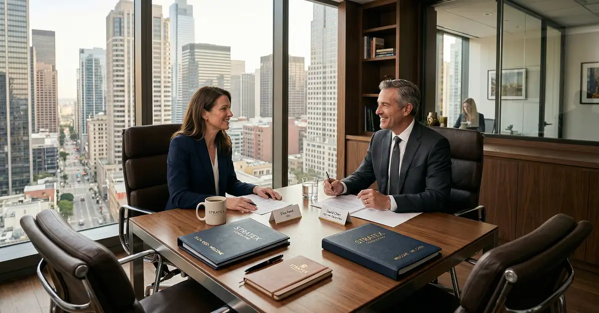 Sophisticated executive consulting office with white-glove client onboarding setup featuring premium welcome materials and city skyline view