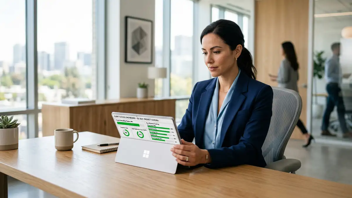 Executive consultant reviewing client success dashboard on tablet showing onboarding progress metrics and green completion bars