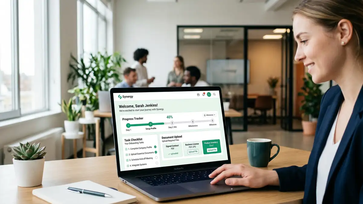 Modern client onboarding portal interface with progress tracker, document uploads, and task checklist