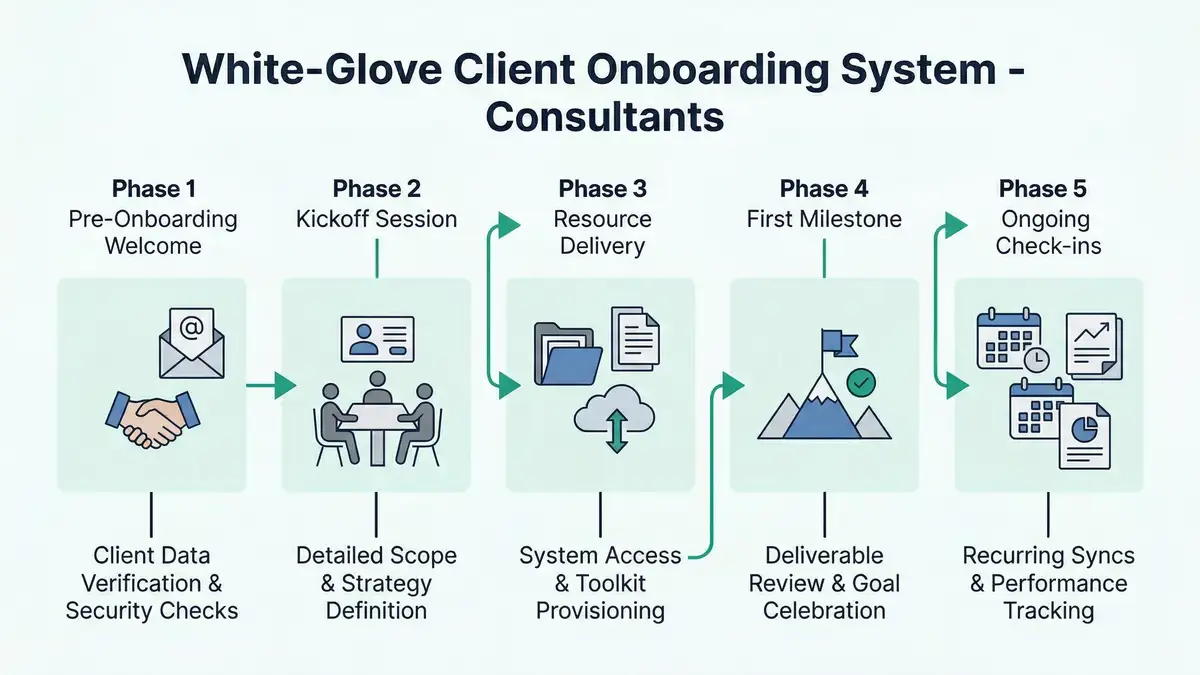 Architectural infographic showing five phases of white-glove client onboarding system with teal-green accent color and flowing arrows