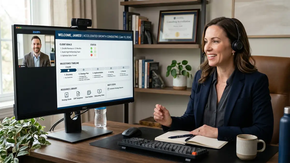 High-ticket consultant conducting personalized virtual onboarding session with new client showing welcome dashboard with goals and milestones