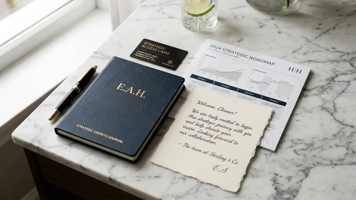 Premium branded welcome kit for high-ticket consulting client with personalized journal and strategic roadmap on marble desk