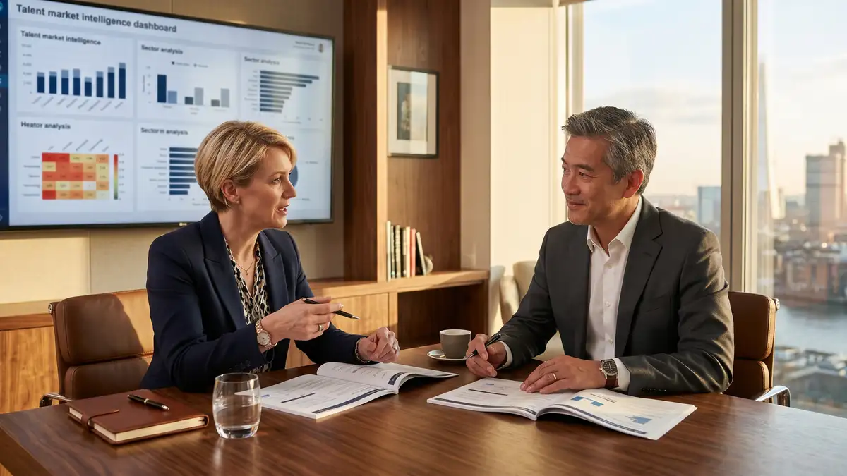 Boutique executive search partner conducting a quarterly business review with a long-term client at a polished wood table with talent market intelligence dashboard visible