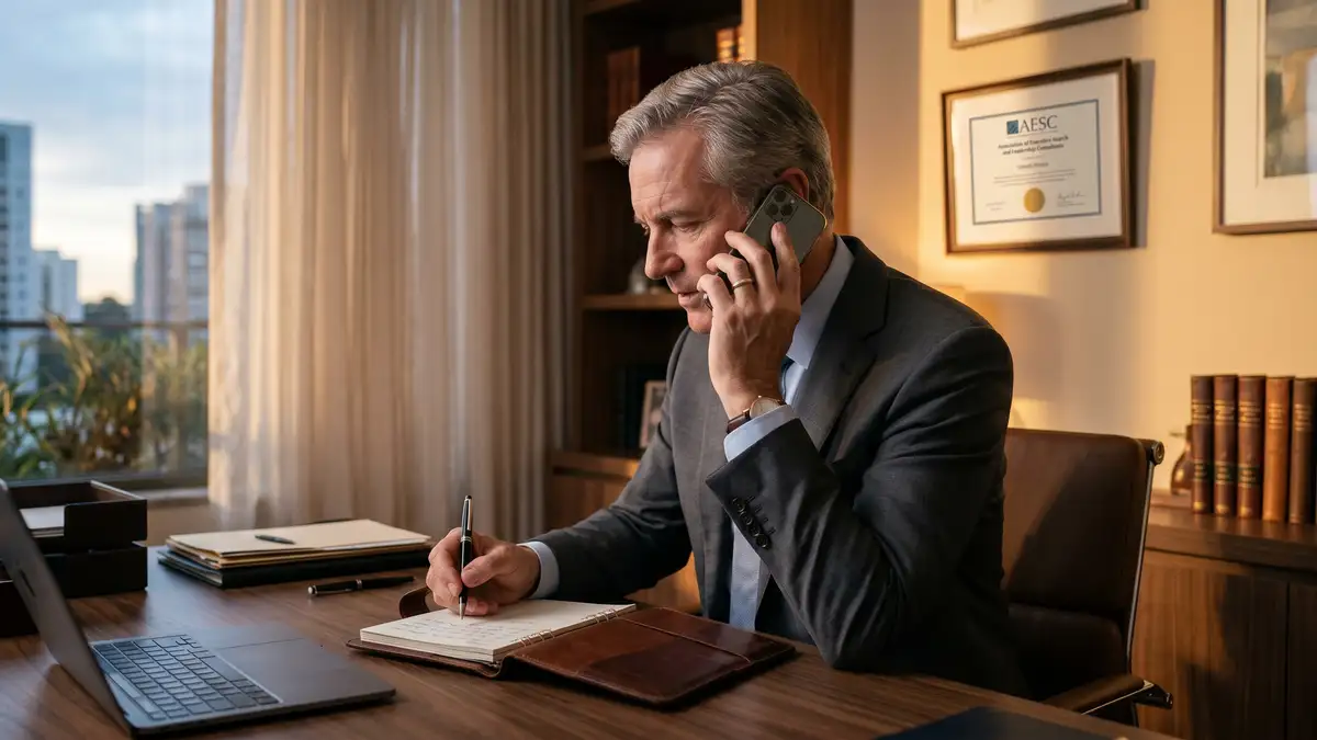 Senior consultant from a boutique executive search firm having a confidential phone conversation in a private office taking handwritten notes with AESC certificate visible