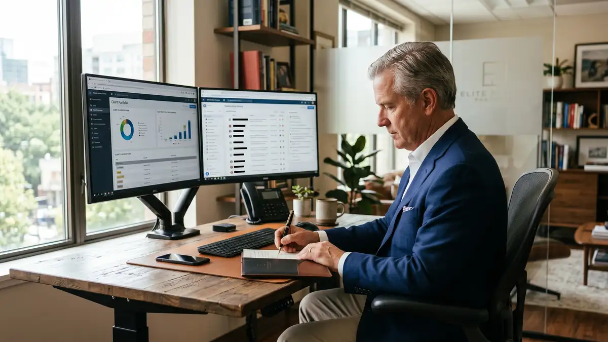 Senior client relationship partner at sit-stand desk with dual monitors showing client portfolio dashboard with tier classifications and CRM relationship history
