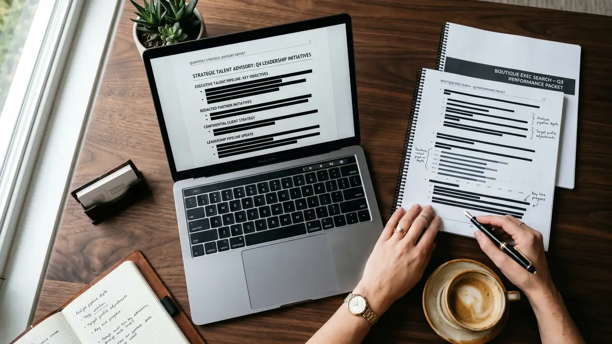 Close-up overhead view of managing partner desk with MacBook showing strategic talent advisory document and printed quarterly business review packet
