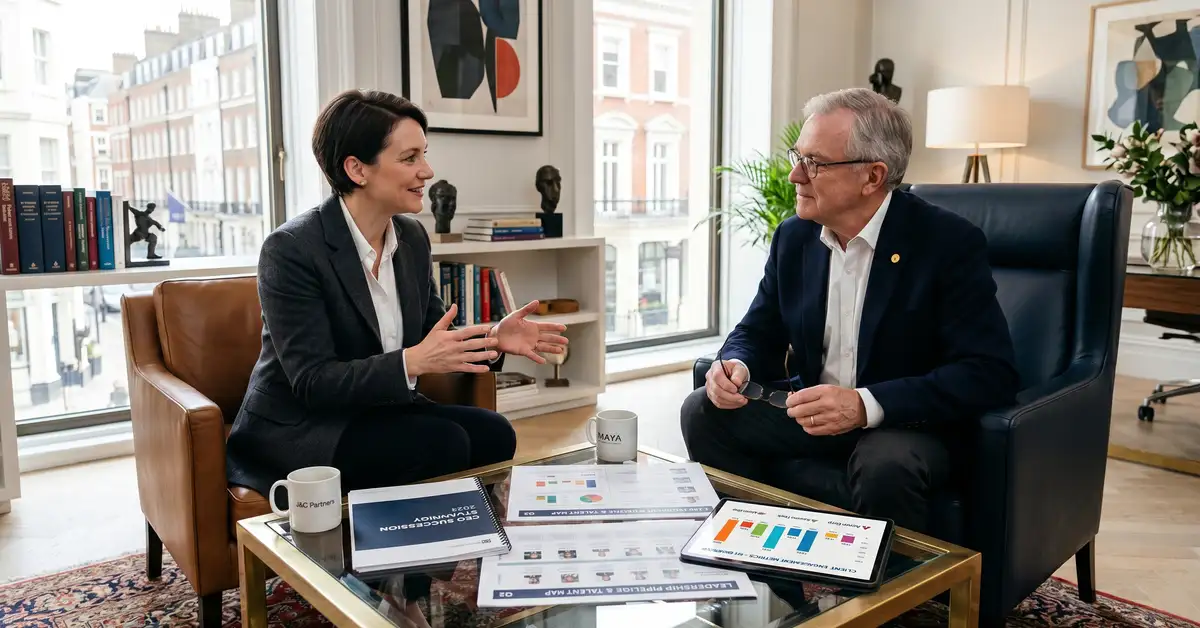 Senior executive search partner conducting a quarterly business review with a board chair to discuss succession pipeline and talent strategy