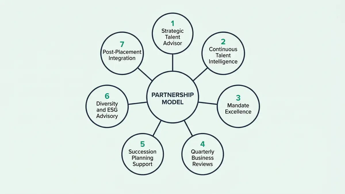Hub-and-spoke radial infographic showing the 7-pillar partnership model with central node and seven outer pillars