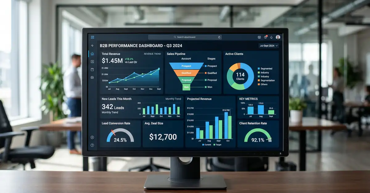 Close-up of modern digital dashboard displaying AI performance metrics and business KPIs on high-resolution screen