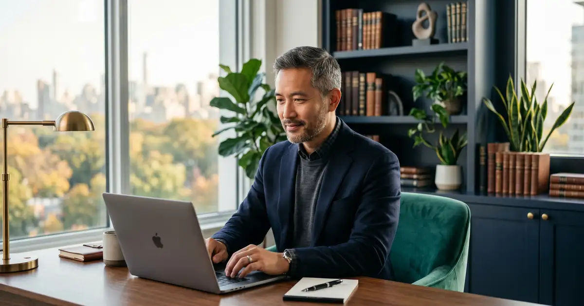 A confident executive coach working in a premium home office, representing AI visibility for coaches
