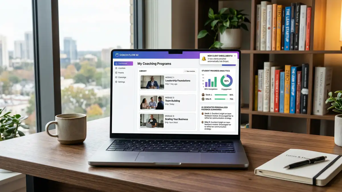 AI-powered coaching content delivery platform showing automated video modules, student analytics, and enrollment notifications on laptop