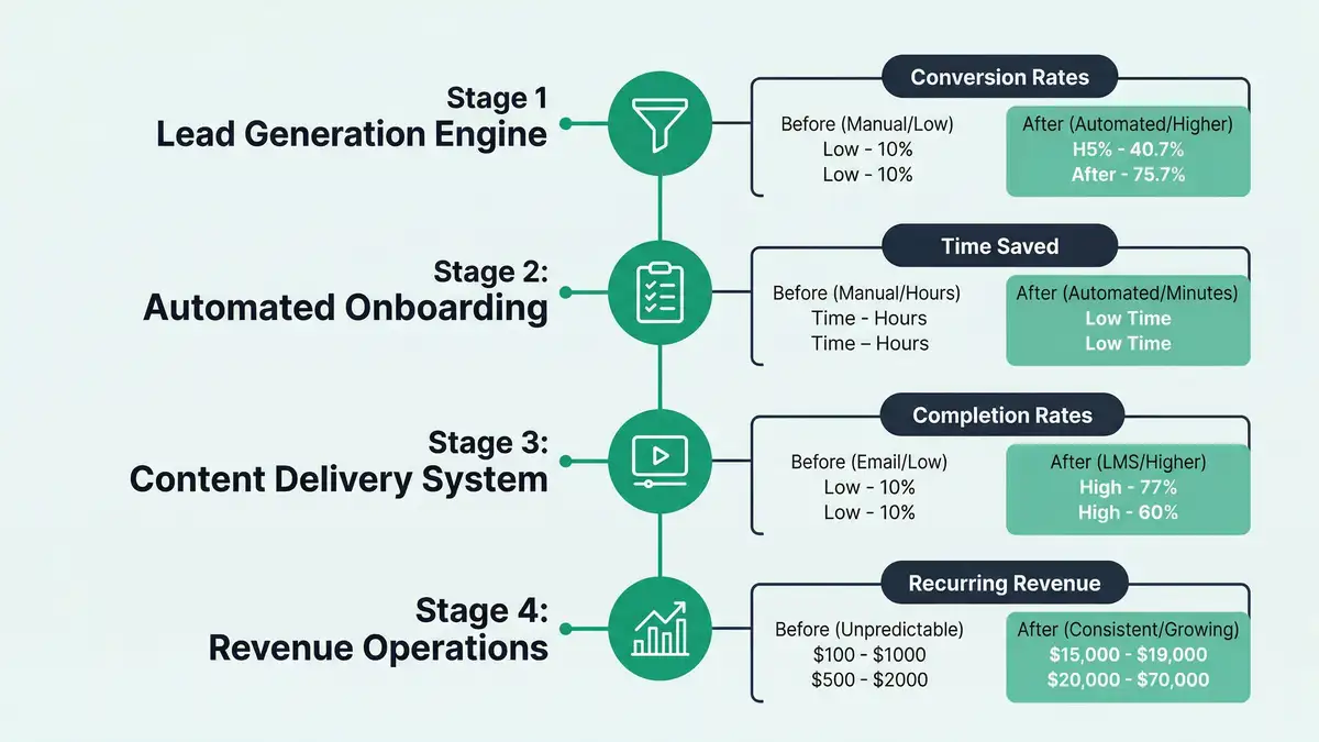 Coaching business automation framework infographic showing four pipeline stages from lead generation to revenue operations with before and after metrics