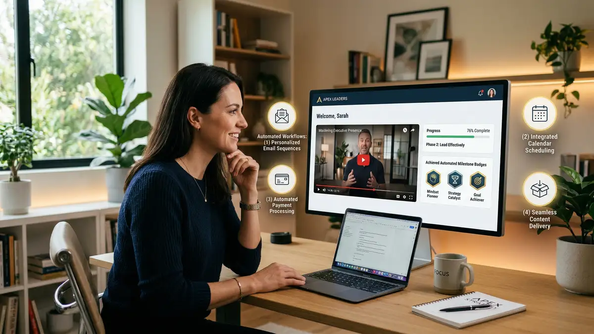 Automated coaching platform dashboard showing video modules, progress tracking, and workflow automation for coaching business scalability