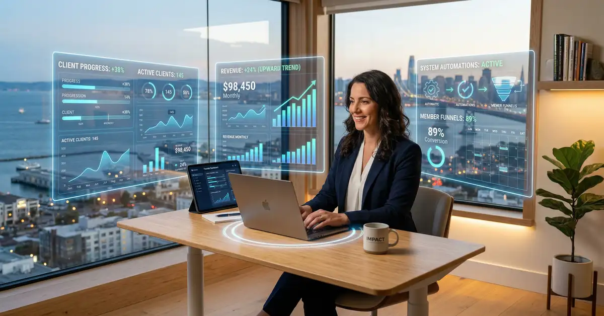 Coaching business founder working from minimalist home office with automated dashboards and revenue charts showing systematic business automation and freedom