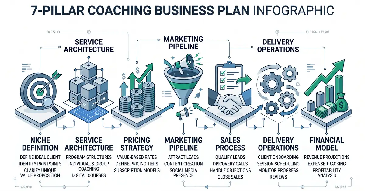 Coaching business plan 7-pillar infographic showing niche, service architecture, pricing, marketing, sales, operations, financial model