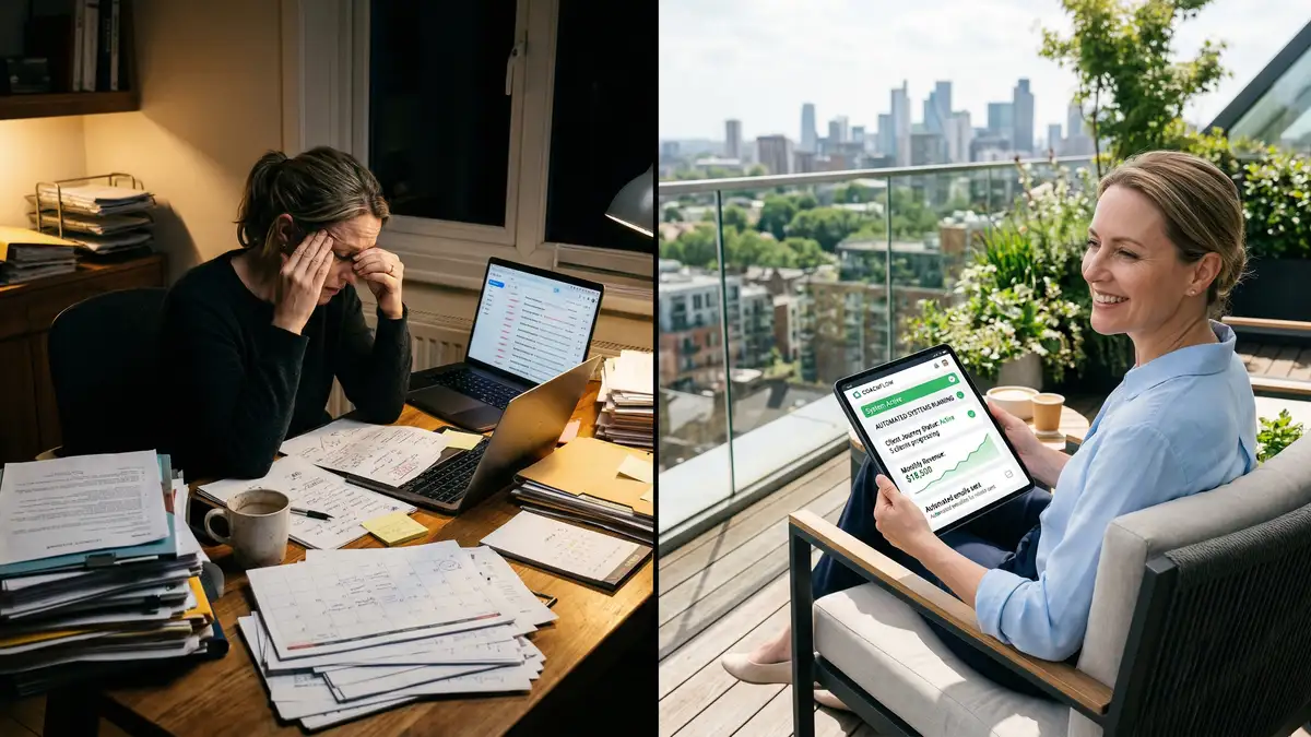 Split-screen transformation showing stressed coaching founder at cluttered desk versus relaxed founder viewing automated business systems on terrace