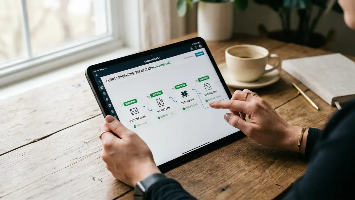 Coaching business founder reviewing automated client onboarding workflow dashboard on tablet with green status indicators