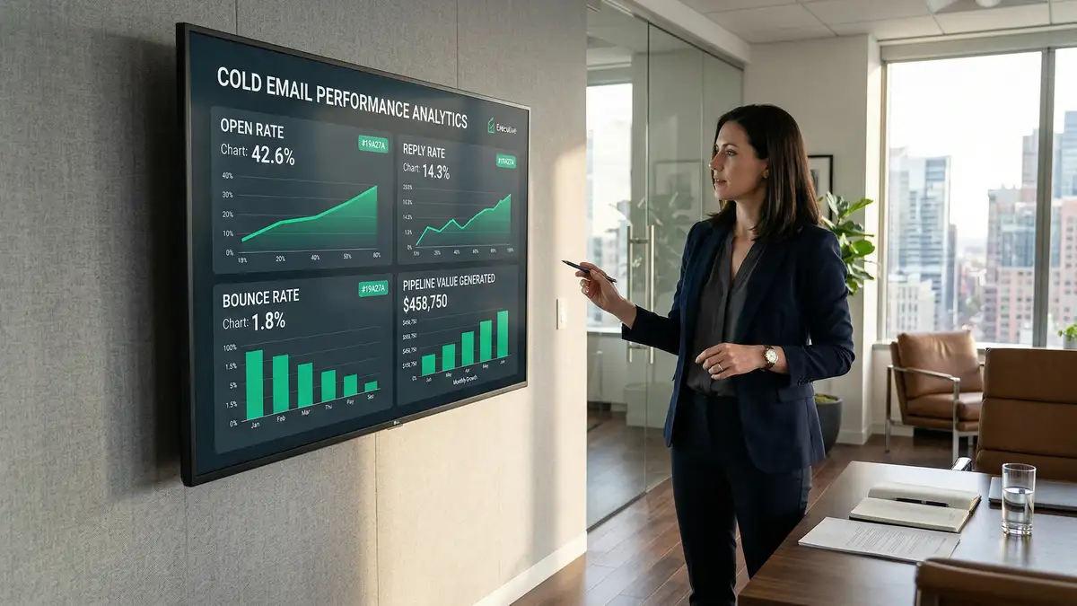 Analytics display showing cold email campaign performance metrics including open rates reply rates and pipeline value with green accent charts