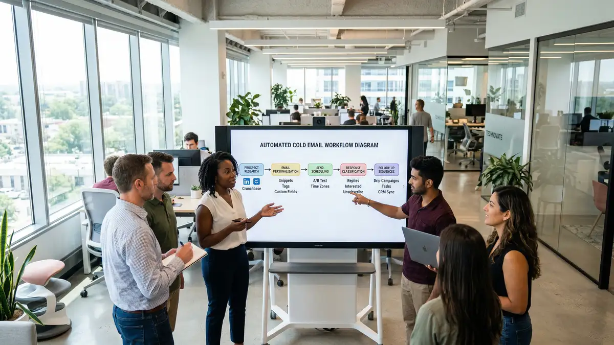 B2B marketing team collaborating around digital whiteboard showing automated cold email workflow with connected nodes for prospect research and response classification