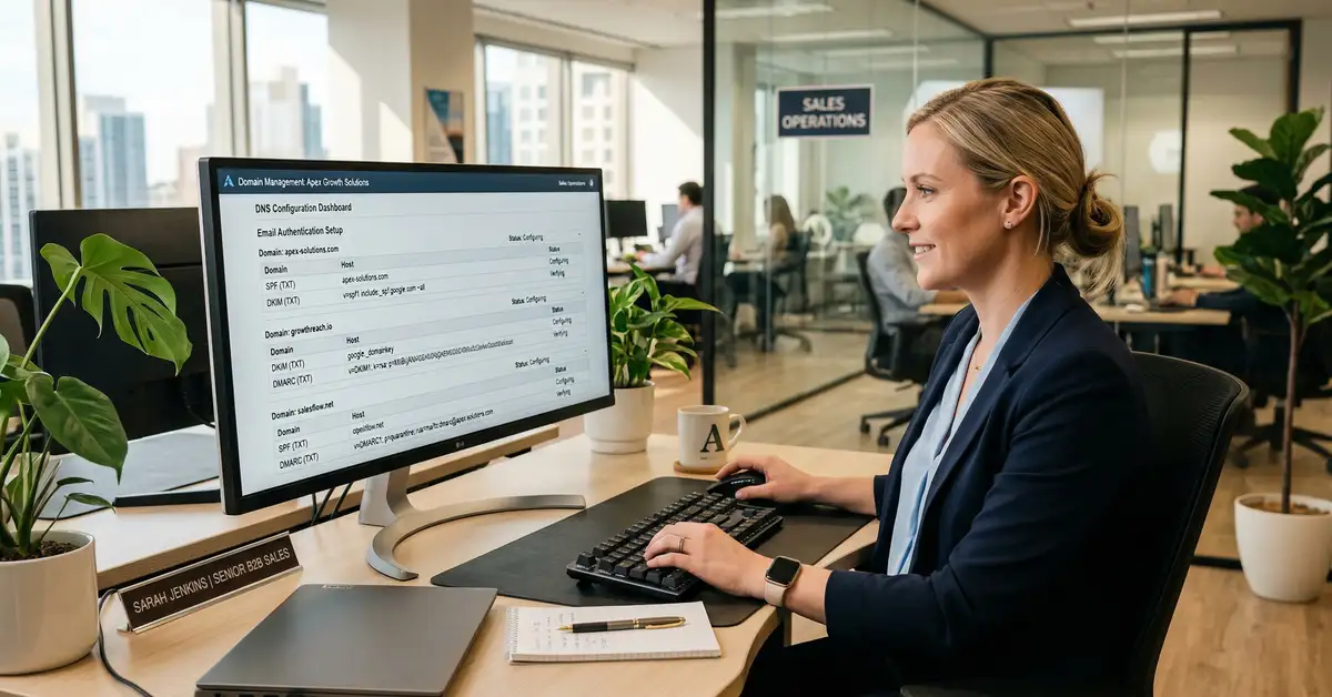 Cold email domain architecture showing DNS authentication setup and deliverability infrastructure for B2B outreach