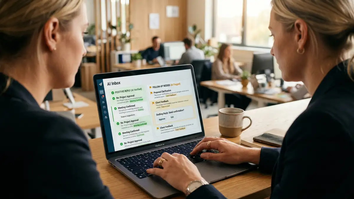 Professional reviewing AI-powered email inbox with color-coded response classifications showing positive replies and automated follow-up suggestions