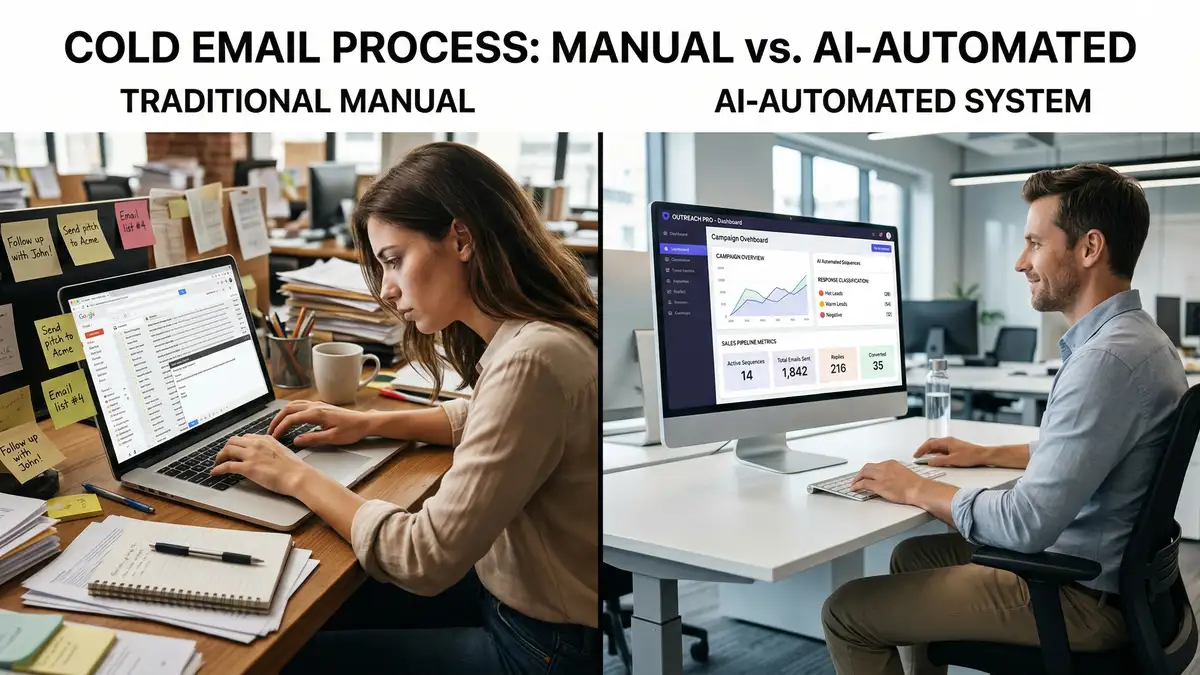 Split-screen comparison of manual cold email process with cluttered inbox versus AI-automated system with organized pipeline metrics and response classification